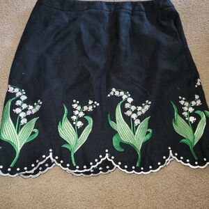 Etcetera Black Midi Skirt with Green and White Lily Embroidery